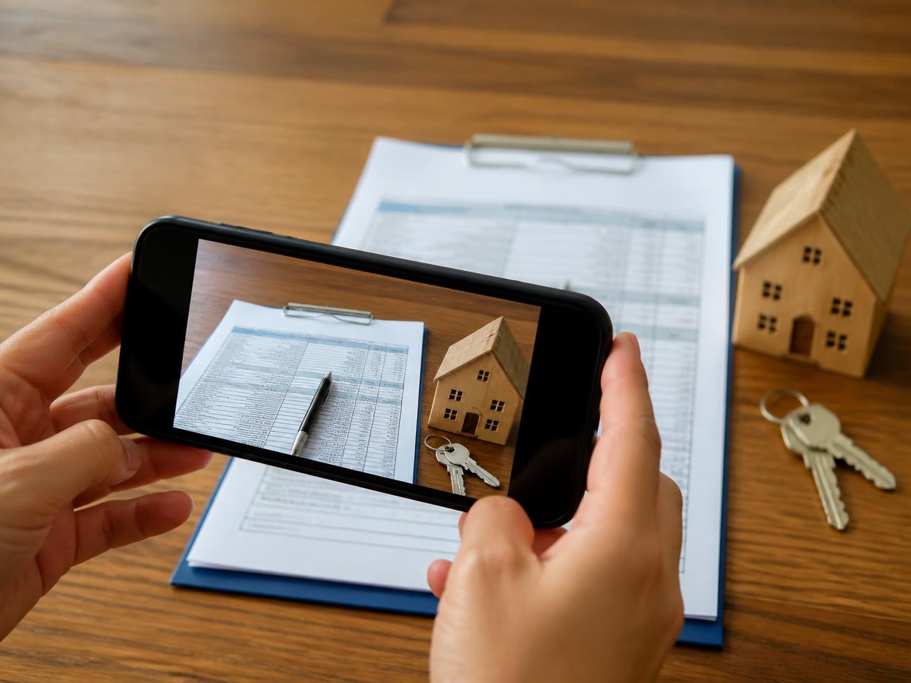 Persona che fotografa con lo smartphone il riparto delle spese condominiali e il contratto di locazione