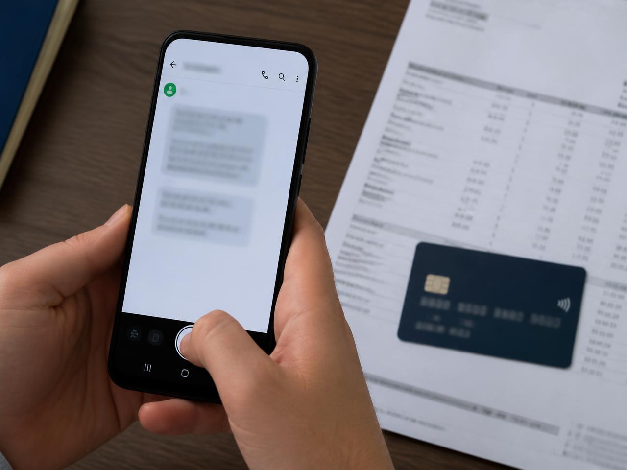 Screenshot di un SMS sospetto sullo smartphone accanto a una carta di pagamento e all'estratto conto