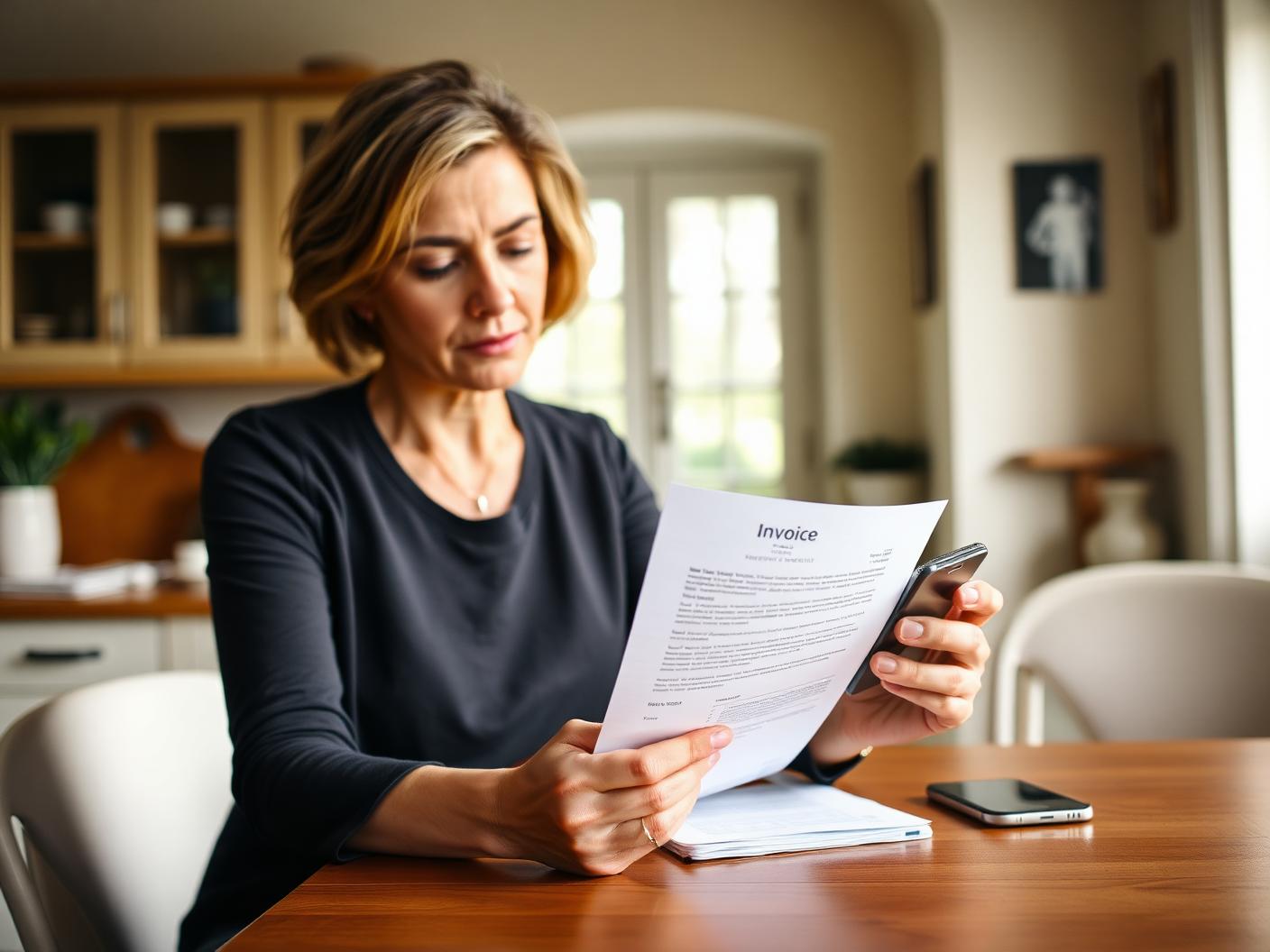 Donna seduta al tavolo di casa mentre rilegge una fattura contestata e prepara un reclamo scritto