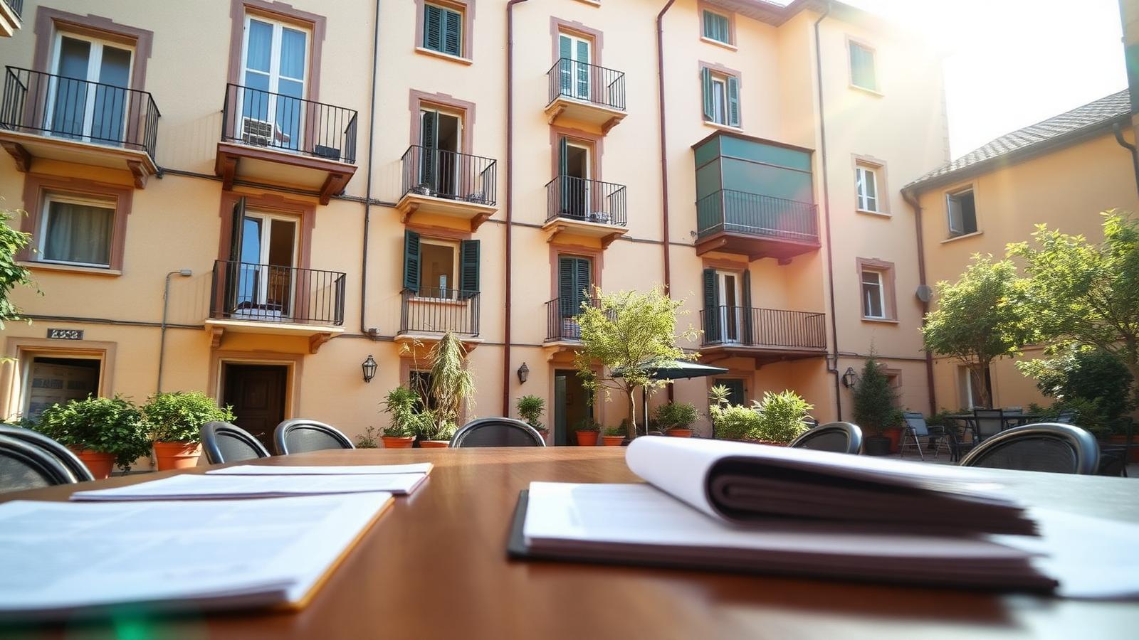 Cortile di un condominio italiano con documenti su un tavolo