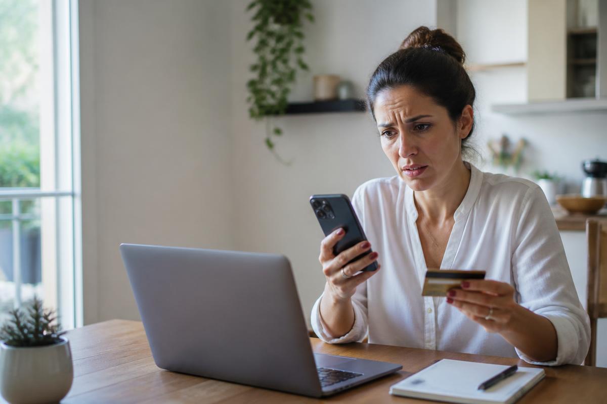 Donna perplessa davanti allo smartphone mentre effettua un bonifico istantaneo