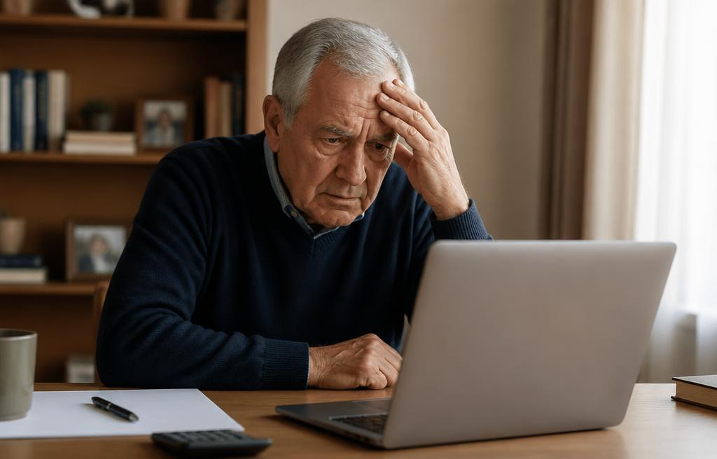 Uomo anziano davanti al laptop frustrato dai troppi passaggi bancari