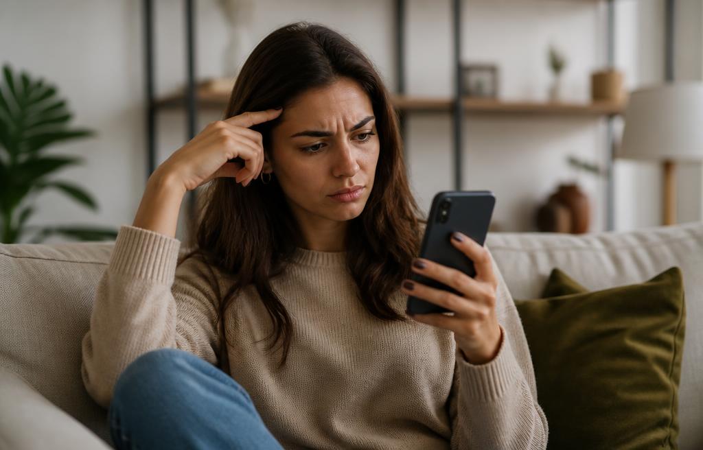 Giovane donna sul divano confusa dalle opzioni del bonifico istantaneo