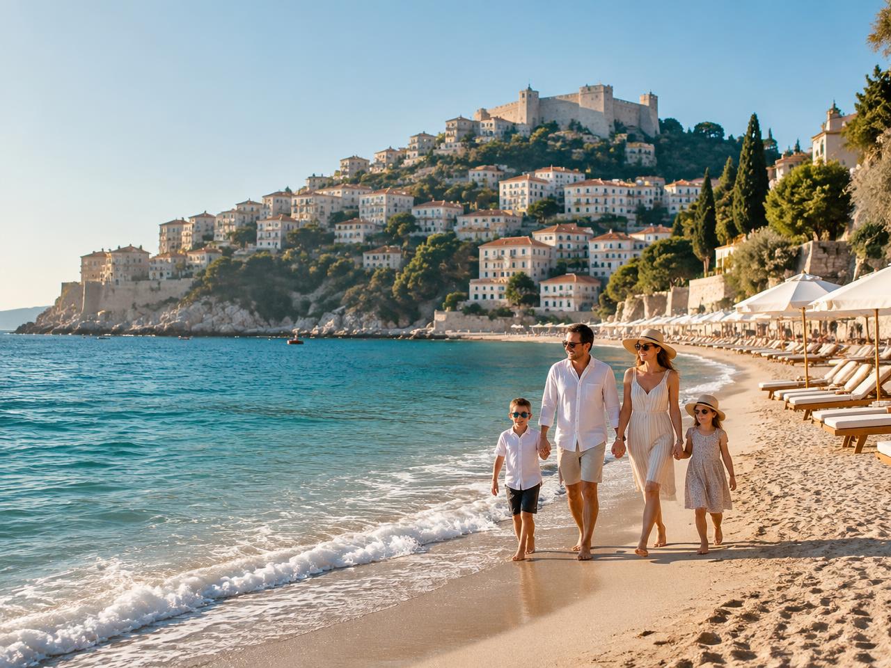 Famiglia in vacanza lungo una spiaggia del Mediterraneo